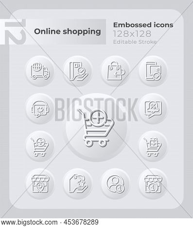 E Commerce Embossed Icons Set. Customer Support. Purchasing. Neumorphism Effect. Isolated Vector Ill