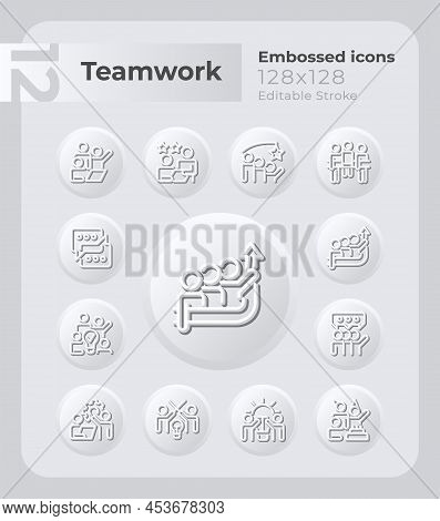 Building Successful Team Embossed Icons Set. Cooperation. Neumorphism Effect. Isolated Vector Illust