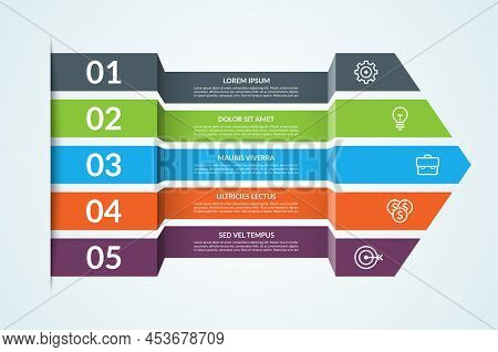 Modern Infographic Template. Big Paper Arrow Of 5 Colorful Horizontal Strips. Can Be Used For Graph,