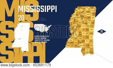 20 Of 50 States Of The United States, Divided Into Counties With Territory Nicknames, Detailed Vecto