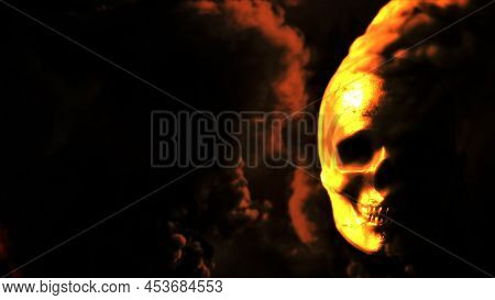 Burning Yellow Skull With Fire Backdrop With Free Space - War Concept - Abstract 3d Rendering