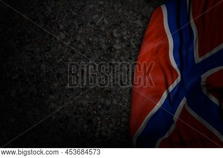 Cute Dark Illustration Of Novorossia Flag With Large Folds On Dark Asphalt With Empty Space For Text