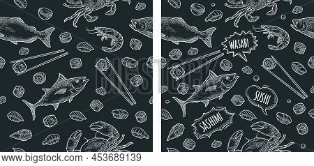 Seamless Pattern Sushi. Isolated On White. Vintage Black Vector Engraving