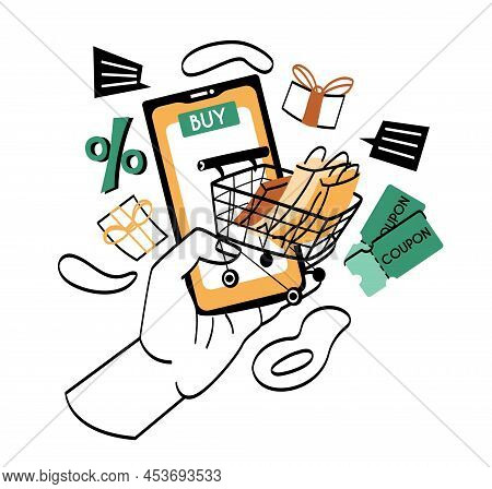 Hands Holding Smartphone. Online Store, Home Delivery And Comfortable And Convient Service. Modern T