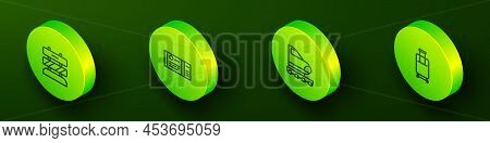 Set Isometric Line End Of Railway Tracks, Train Ticket, High-speed Train And Suitcase Icon. Vector