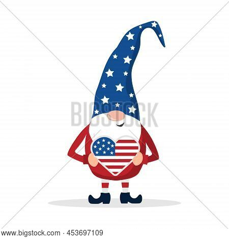 Patriotic American Gnome. Cute Scandinavian Dwarf With Heart. Elf Celebrate Independence Day In The 