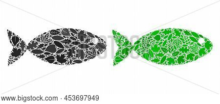 Nature Fish Icon Collage Of Herbal Leaves In Green And Natural Color Tints. Ecological Environment V