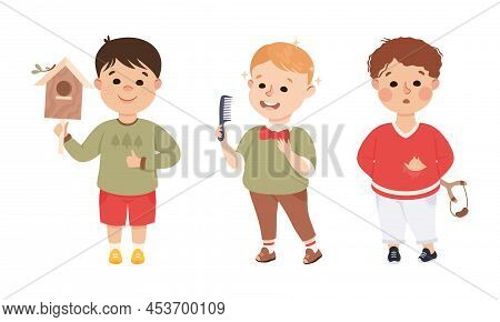 Obedient And Naughty Boy With Nesting Box And Forked Stick Vector Set