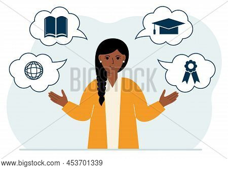 Happy Woman With Thoughts About Learning. Internet Profession, Higher Education, Stock Exchange, Fin