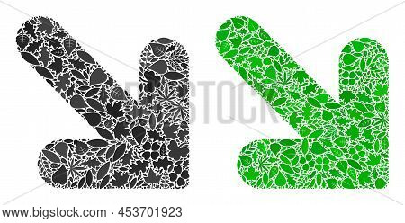 Nature Arrow Down Right Icon Mosaic Of Herbal Leaves In Green And Natural Color Shades. Ecological E