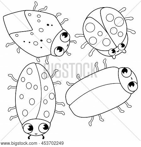 Set Of Cute Bugs And Beetles. Vector Black And White Coloring Page.