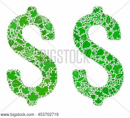 Ecology Dollar Icon Composition Of Herbal Leaves In Green And Natural Color Variations. Ecological E
