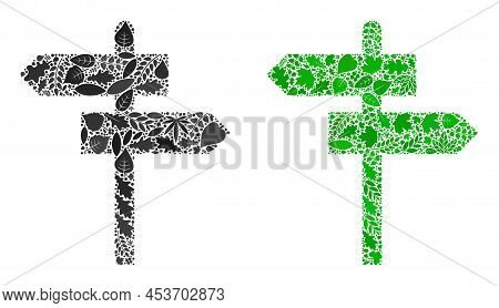 Ecology Road Pointer Icon Mosaic Of Herbal Leaves In Green And Natural Color Tones. Ecological Envir