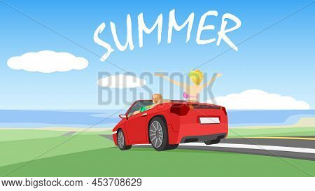Teenage Girl In Swimsuit In Love Having Trip And Car Stop Beside Asphalt Road. Show Your Two Arms Ou