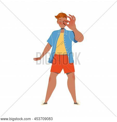 Redhead Man Character Showing Small Size With Finger As Hand Gesture Expressing Emotion With Body La