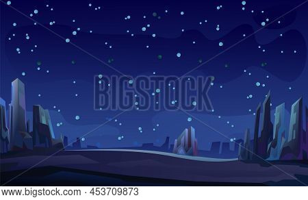 Rocks Cliffs Landscape. Unexplored Planets. Starry Sky. Night Scenery In Mountains. Cartoon Flat Sty