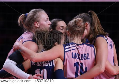 Ankara, Turkey - December 18, 2021: Imoco Players Celebrating Score Point During Itambe Minas Vs Imo