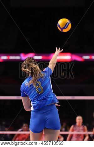 Ankara, Turkey - December 18, 2021: Julia Kudiess Serves In Itambe Minas Vs Imoco Volley Conegliano 