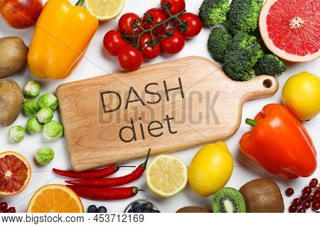 Balanced Food For Dash Diet To Stop Hypertension. Different Fresh Healthy Products On White Table, F