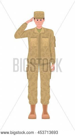 Military Man In Camouflage Uniform Semi Flat Color Vector Character. Standing Figure. Full Body Pers