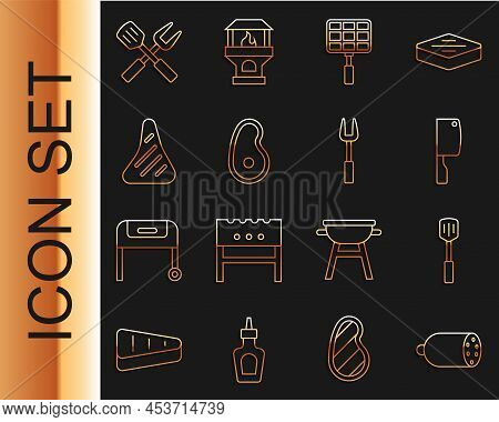 Set Line Salami Sausage, Barbecue Spatula, Meat Chopper, Steel Grid, Steak Meat, Crossed Fork And An
