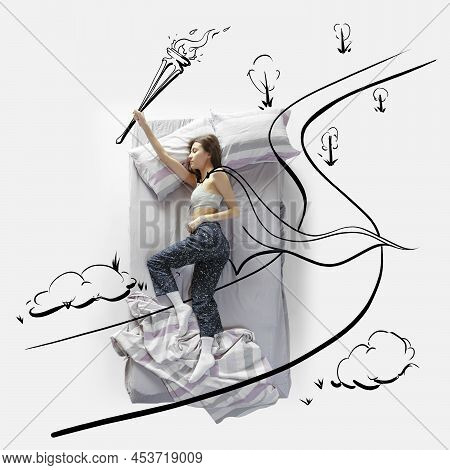 Creative Image. Top View Of Young Woman Lying On Bed, Sleeping, Dreaming About Victory, Raching Goal