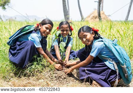 Group Of Teener Village School Kids Planting Tree While Looking At Camera - Concept Of Environmental