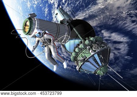First Spacewalk From Voskhod-2 Spacecraft. 3d Rendering Background. 3d Illustration