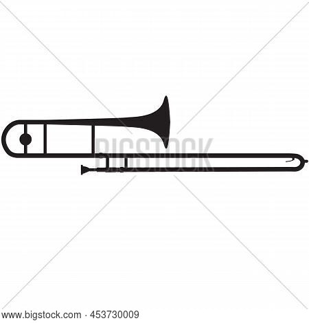 Trombone Icon On White Background. Black Silhouette Of Trombone Sign. A Musical Wind Instrument. Fla