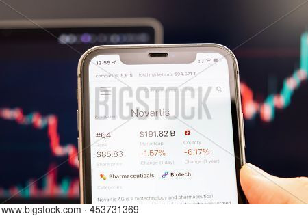 Novartis Stock Price On The Screen Of Cell Phone In Mans Hand With Changing Stock Market Exchange Wi