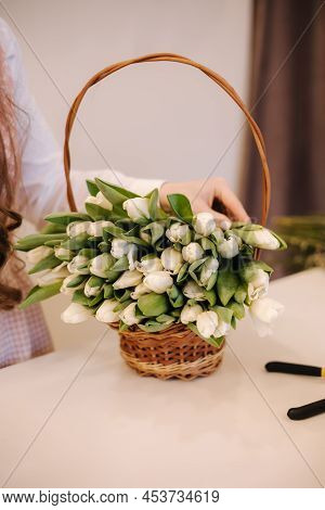 Middle Selection Of Woman Make Spring Bouquet. Female Floris Put Bouquet Of White Tulips. Beautiful 