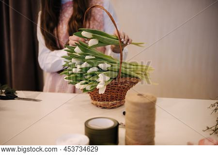 Middle Selection Of Woman Make Spring Bouquet. Female Floris Put Bouquet Of White Tulips. Beautiful 