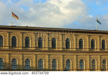 Munich, Munich, Germany - August 26, 2021: Munich Residenz Palace With Two Flags