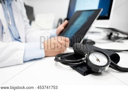 Hypertension Prevention. Close Up Image Of Blod Pressure Manometer Scale. High Quality Photo