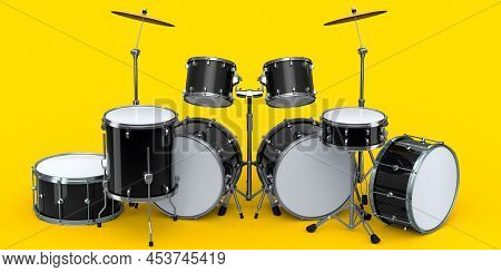 Set Of Realistic Drums With Metal Cymbals Or Drumset On Yellow Background