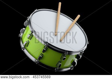 Realistic Drum And Wooden Drum Sticks On Black. 3D Render Of Musical Instrument