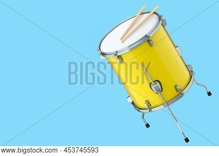 Realistic Drum And Wooden Drum Sticks On Blue. 3D Render Of Musical Instrument