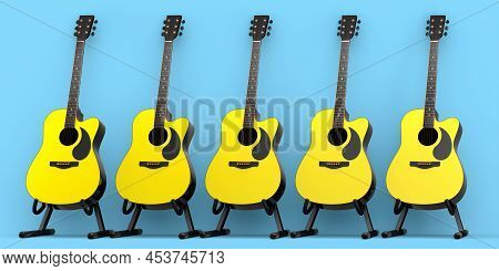 Set Of Acoustic Guitar Isolated On Blue Background.