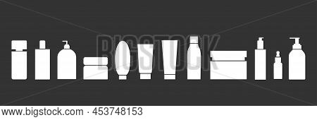 Cosmetic Plastic Bottle Icon Set For Packaging Design. Vector Stock Illustration Isolated On Black B