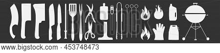 Barbecue, Grill Tools Set. Vector Stock Illustration Isolated On Black Background For Design Packagi