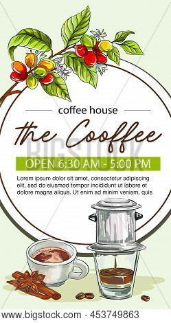 Hand Drawn Vietnamese Coffee Banner. Vector Illustration. Sticker, Graphic Style Elements: Label, Po