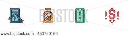 Set Mobile Stock Trading, Glass Money Jar With Coin, And Dollar Rate Decrease Icon. Vector