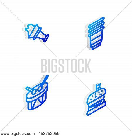 Set Isometric Line Paper Glass, Torch Flame, Drum And Drum Sticks And Burger Icon. Vector