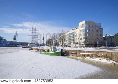 Turku, Finland - February 23, 2018: Aurajoki River Embankment On A Sunny February Day