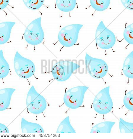 Rain Seamless Vector Pattern. Falling Cute Character Water Drops.