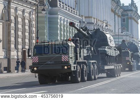 Saint Petersburg, Russia - April 28, 2022: Transportation Of Military Equipment. Preparations For Th