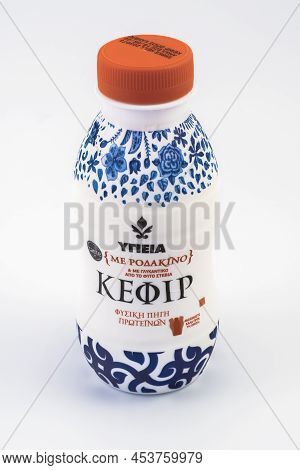 Thessaloniki, Greece - April 26 2022: Greek Kefir Fermented Milk Drink With Logo And Hellenic Text, 