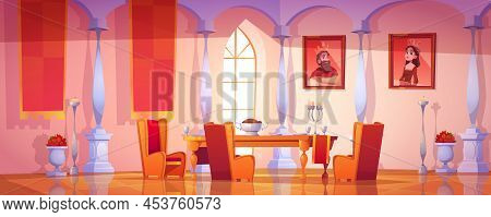 Dining Room Interior In Royal Castle With Feast Table, Candles And Portraits Of King And Queen On Wa