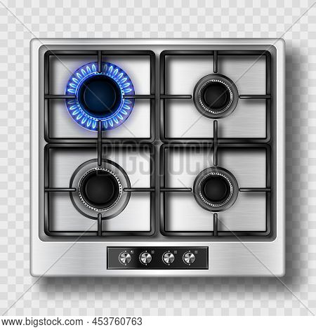 Gas Stove Top View With Blue Flame And Black Steel Grate. Kitchen Burner With Lit And Off Hobs. Real