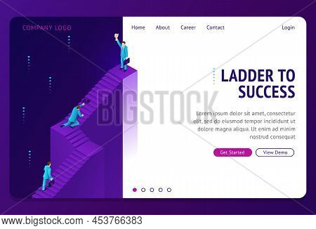 Ladder To Success Isometric Landing Page. Businessman Climb Upstairs To Take Trophy On Top. Business